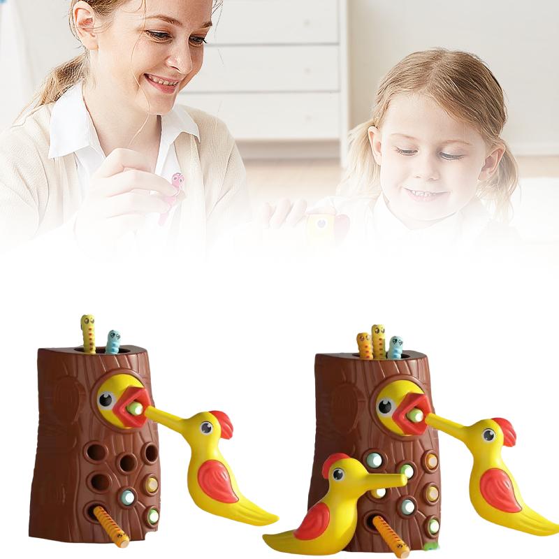 Baby Montessori Toddler Toy Magnetic Woodpecker Catching Worms Game Feeding