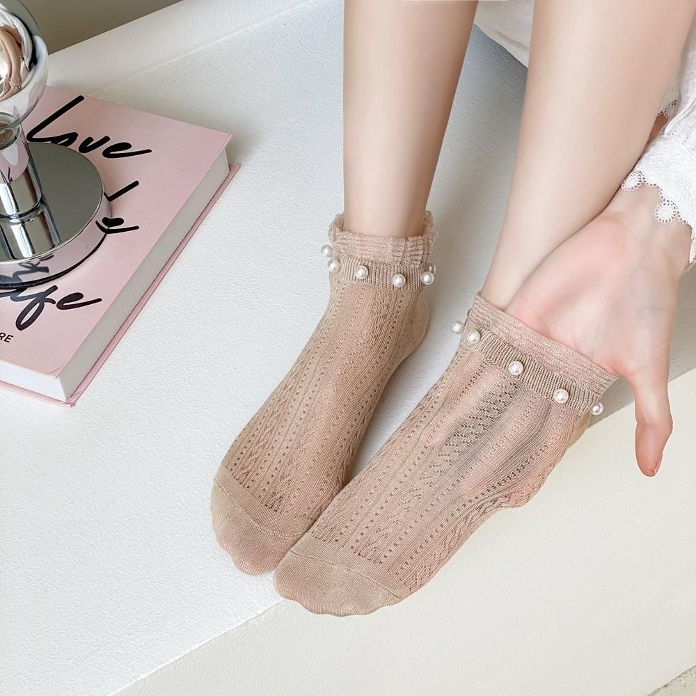 Fashion Elastic Lace Ruffle Socks Mesh Breathable Women Ankle Socks Low Tube Preppy Style Pearl Frilly Short Socks Women Girls