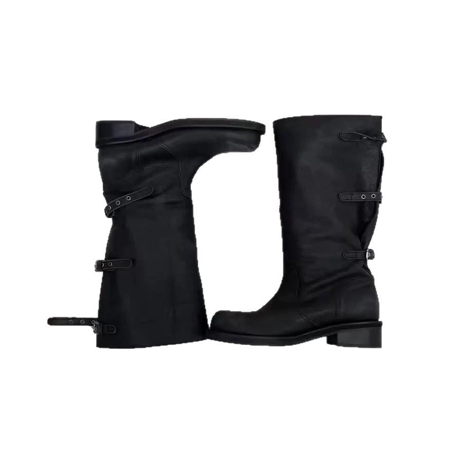 Cowhide version~ Korean niche round head thick heel belt buckle two wear versatile medium and high boots knight boots long boots women's boots