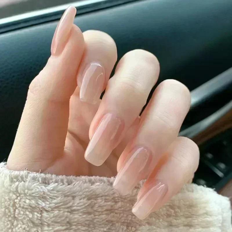 24pcs Long Coffin Press On Nails Nude Pink White Jelly Tips With Glue Rose Art Full Cover False Nails