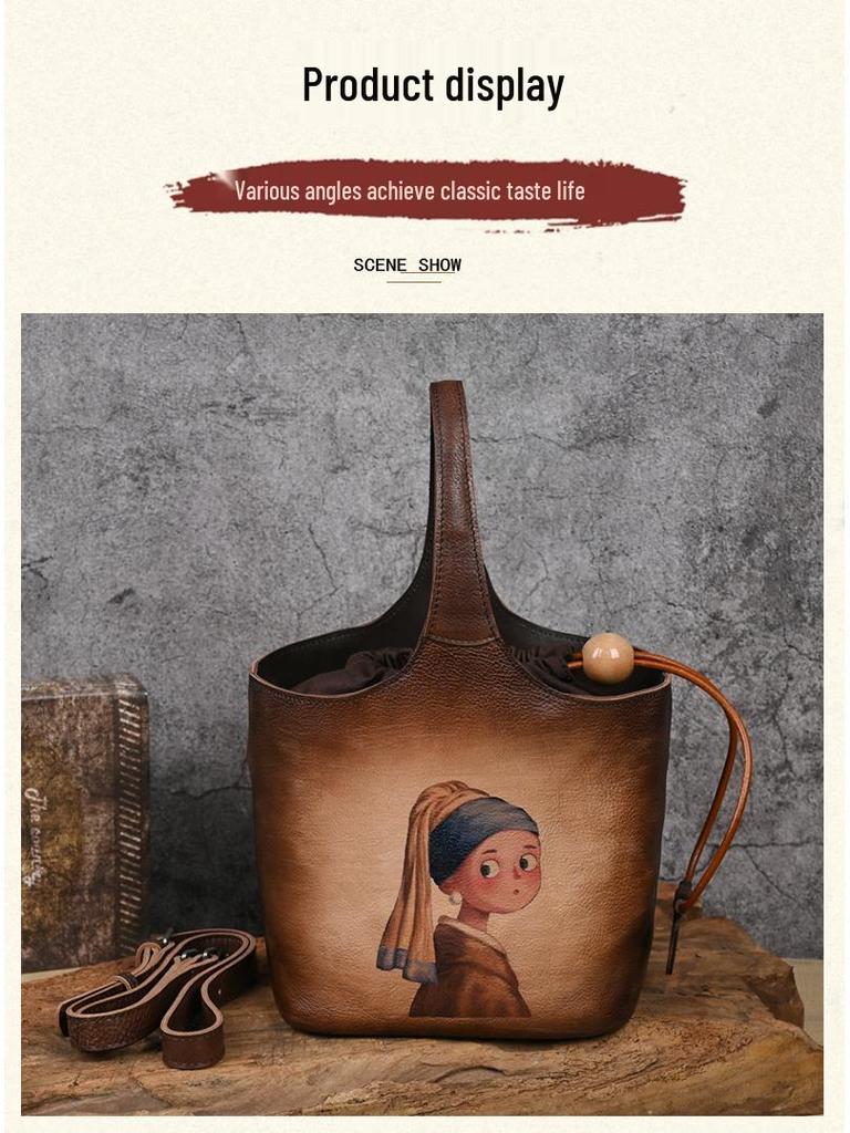 Vintage Floral Print Handmade Cowhide Leather Bucket Bag