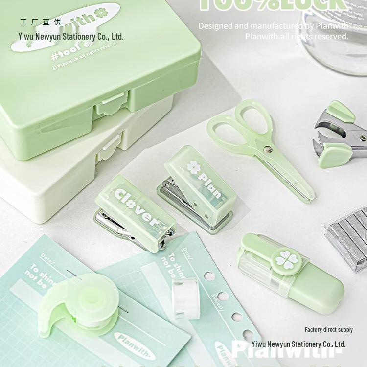 Four-Leaf Clover Mini Tool Box: Stationery Set with Stapler, Hole Punch & Marker
