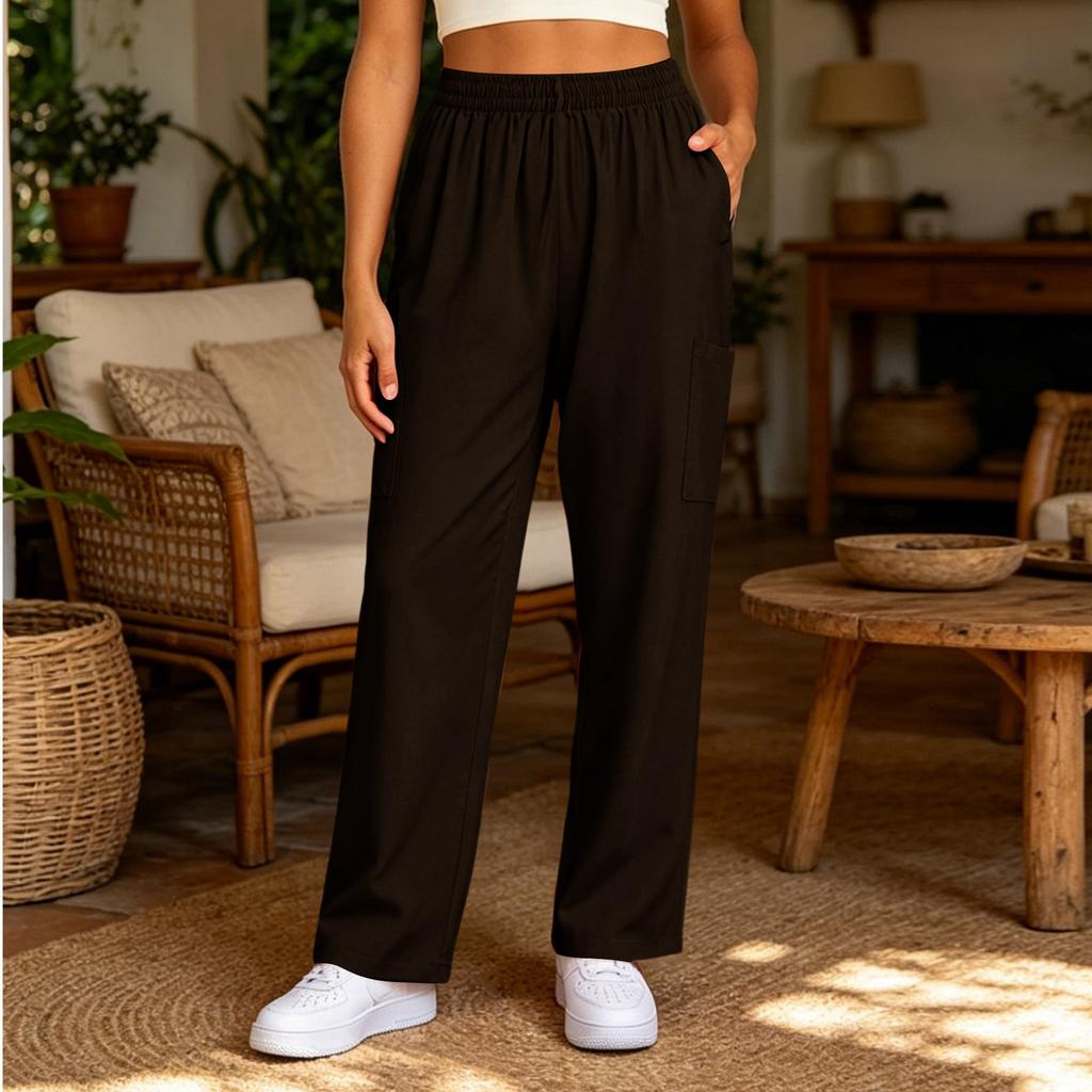 Women’s Casual Relaxed Fit Long Pants with Elastic Waistband and Side Pocket for Everyday Wear and Leisure Activities