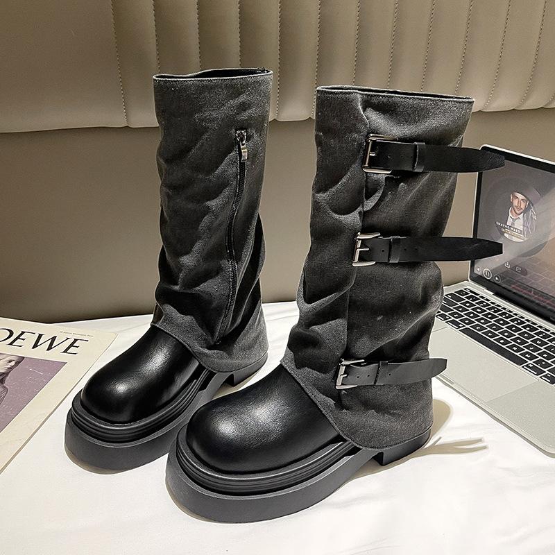Vintage Western Cowboy Boots Women's Autumn and Winter Boots 2025 New French Heel Medium Boots Belt Buckle Martin Boots