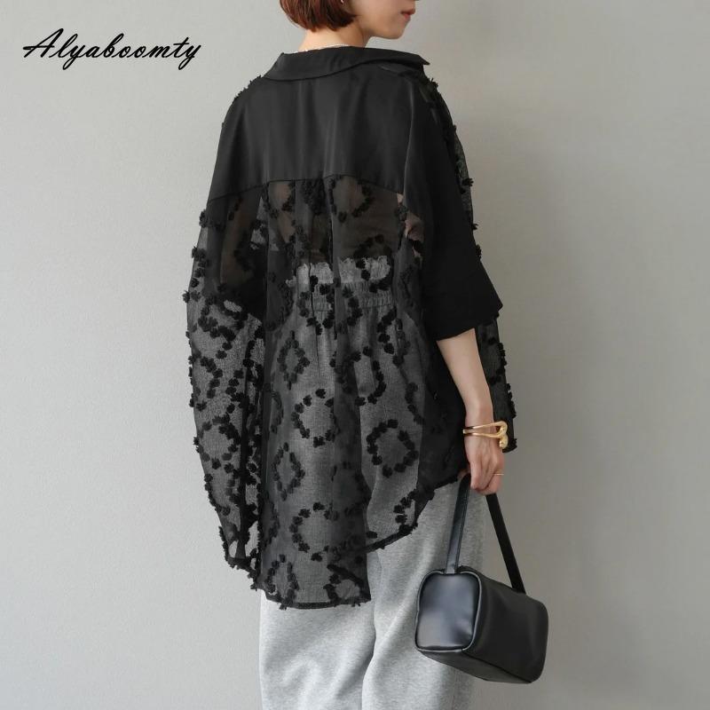 Korean Fashion Summer Spring Women Cardigan Turn-Down Collar White Black Oversized Lace Blouse Delicate Elegant Ladies' Thin Outerwear