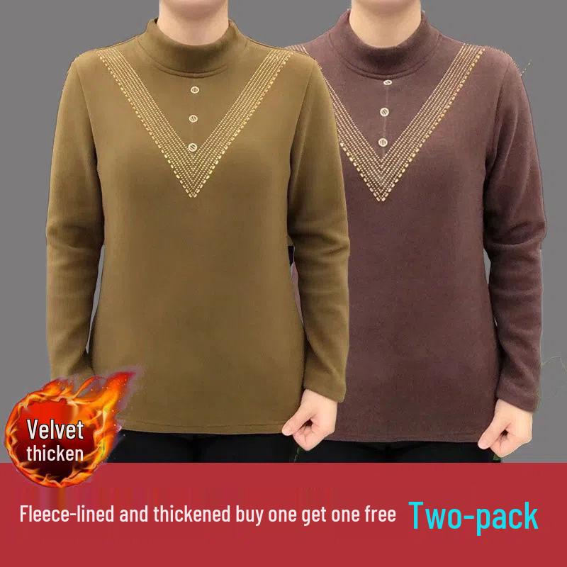 Double-Sided Threaded Velvet Rhinestone Slimming Semi-High Neck Top - Autumn/Winter Warm Base Layer