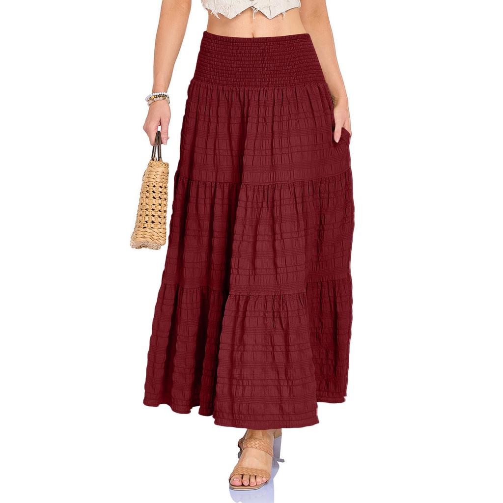 Falda Larga de Mujer Verano Boho Fluida con Volantes Casual Elástica de Cintura Alta Oscilante Línea A Larga con Bolsillos