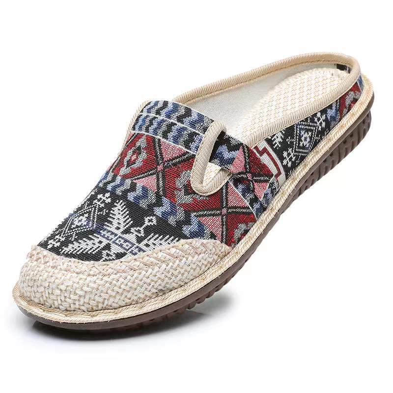 Chaussures en tissu femmes lin paille tissé chaussures décontractées étudiant Mori demi pantoufle chaussures Style ethnique brodé chaussures pour femmes