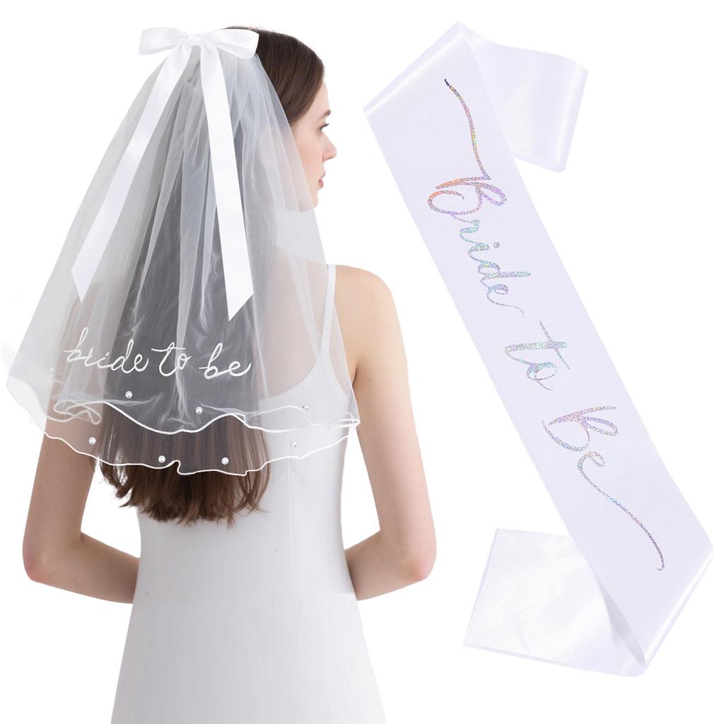 Bridal Bow Embroidery Pearl Veil Shoulder Strap Set Bride To Be Bachelorette Party Dress Up