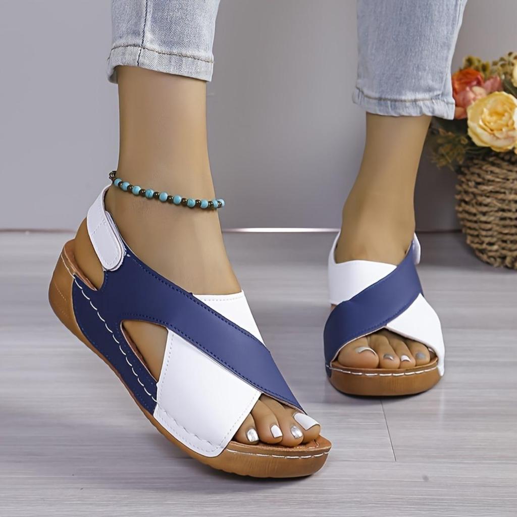 Women's Fashion Clash Colour Slope Heel Sandals,Open Toe Summer Shoes,Cross Strap Design,Mid Heel Platform,Non-Slip Sole,Comfortable Walking Shoes,