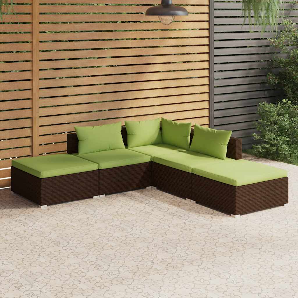 Vidaxl 5-Cz. Garden Lounge Set, Cushions, Polyrattan, Brown