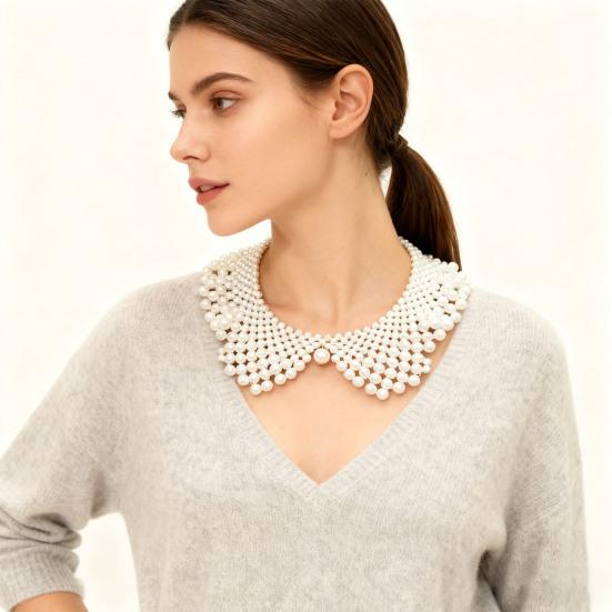 Faux Pearl Fake Collar Women Beaded False Collar Choker Detachable Retro Fake Collar for Sweaters Dresses Dating Wedding