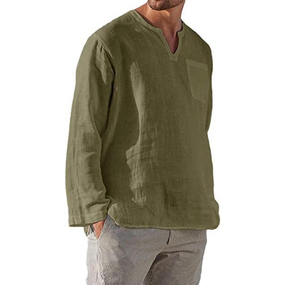 Men's Long-Sleeved V-Neck Casual Beach Linen Shirt