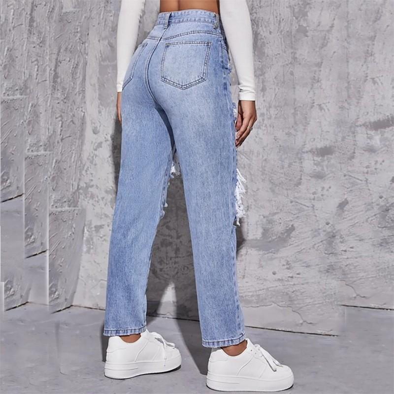Ripped Straight Leg Jeans Women High Waist