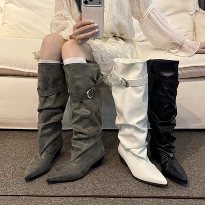 Hebilla de Cinturón Puntiaguda Botas de Apilamiento Botas Altas Botas de Caballero Botas Ajustadas Plegables Otoño e Invierno Botas con Sentido del Diseño