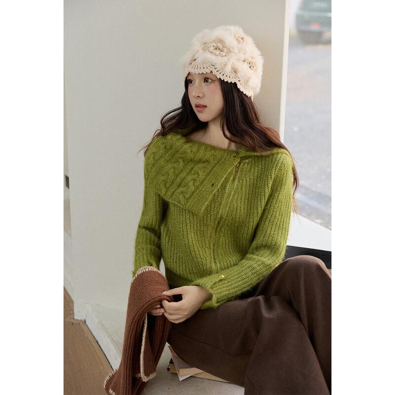 Women s Green Wool Blend Loose Fit Lapel Sweater M