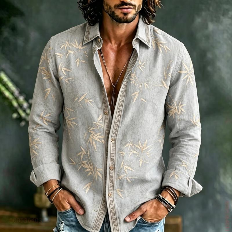 Men's Long Sleeved Shirt with Bamboo Leaf Pattern Full Printing, Daily Commuting, Travel, Vacation, Fashionable and Trendy Shirt