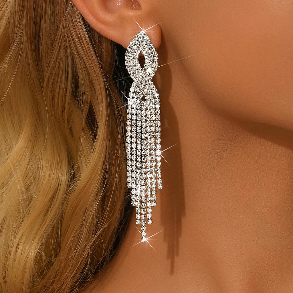 Cross Long Fringed Rhinestone Earrings Bridal Wedding Stage Atmosphere Exaggerated Earrings