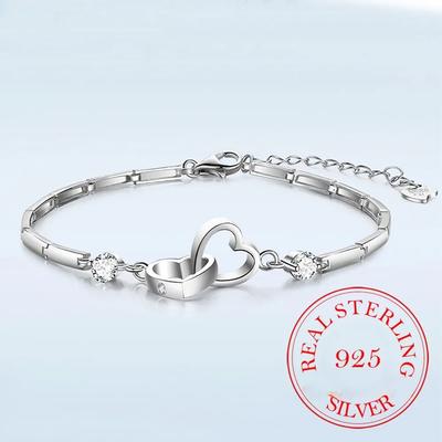 New Charms 925 Silver Bracelets Bangles for Women Valentine's Days Gift Cubic Zircon Double Heart Bracelet Jewelry