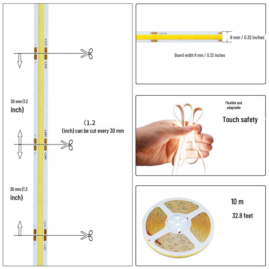 Flexible Self-Adhesive COB LED Strip Light 12V/24V for Ceiling, Bookshelf, Cabinet Decoration