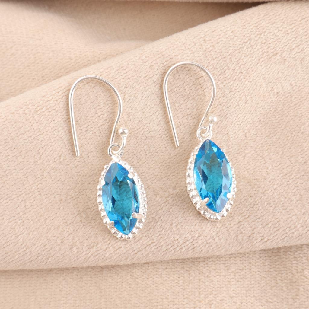 Natural Swiss Blue Topaz Gemstone 925 Fine Silver Jewelry Handmade Earrings 1.4" EE-169-8