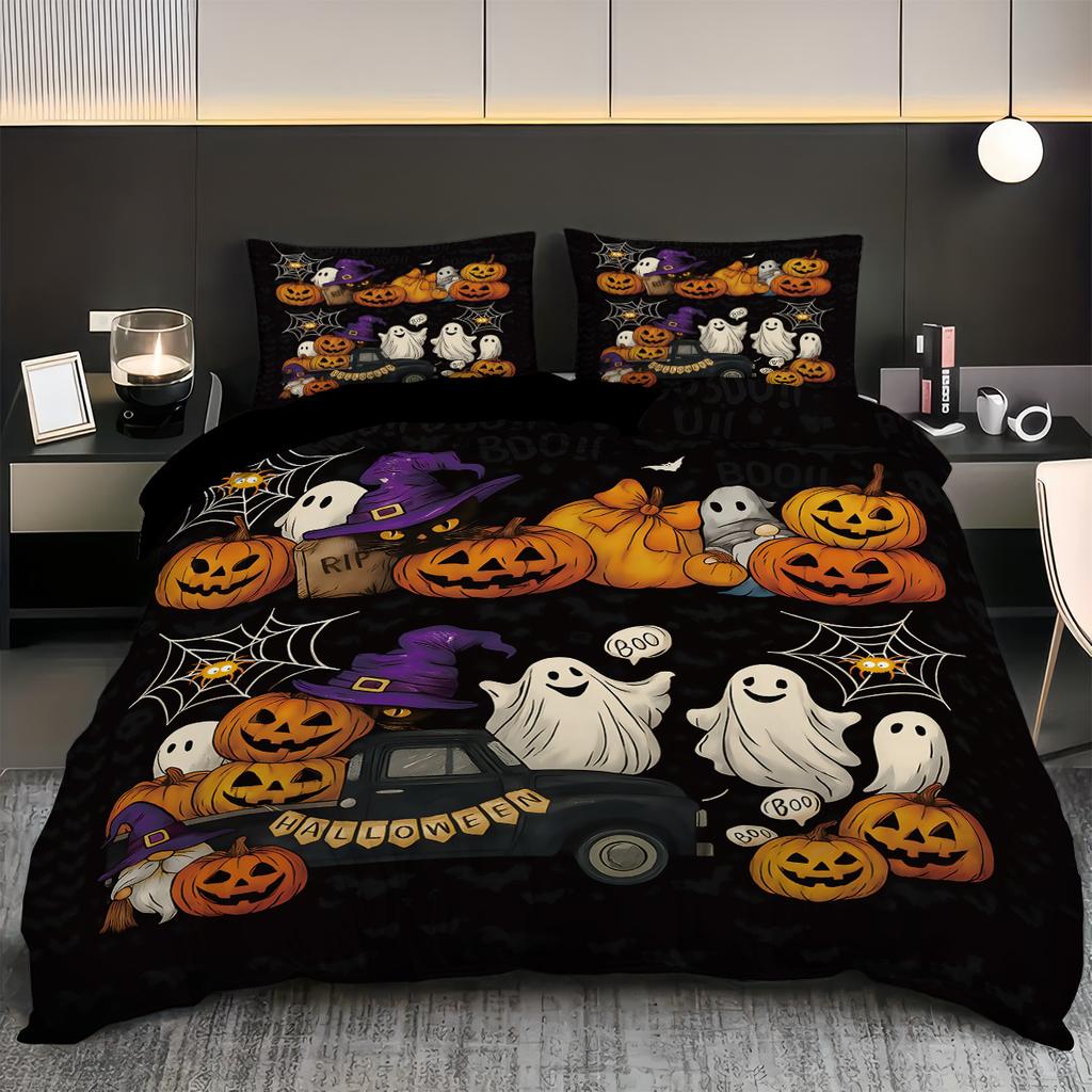 3Pcs Halloween Bedding Set Evil Pumpkin Ghost Cat Design Duvet Cover & Pillowcases Included Perfect Holiday Decor Gift