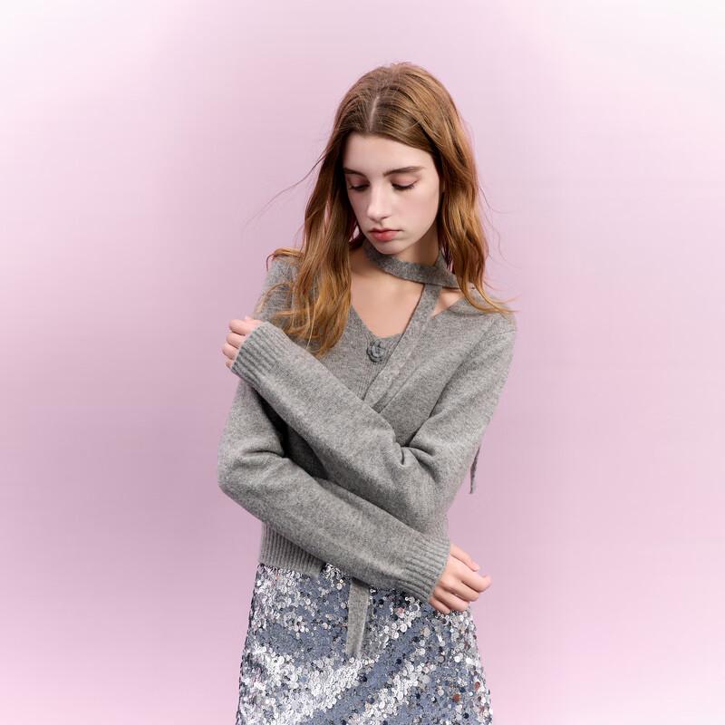 

San Cai Women s 2025 Winter V-Neck Knit Sweater with Slit Hem M 160/84A