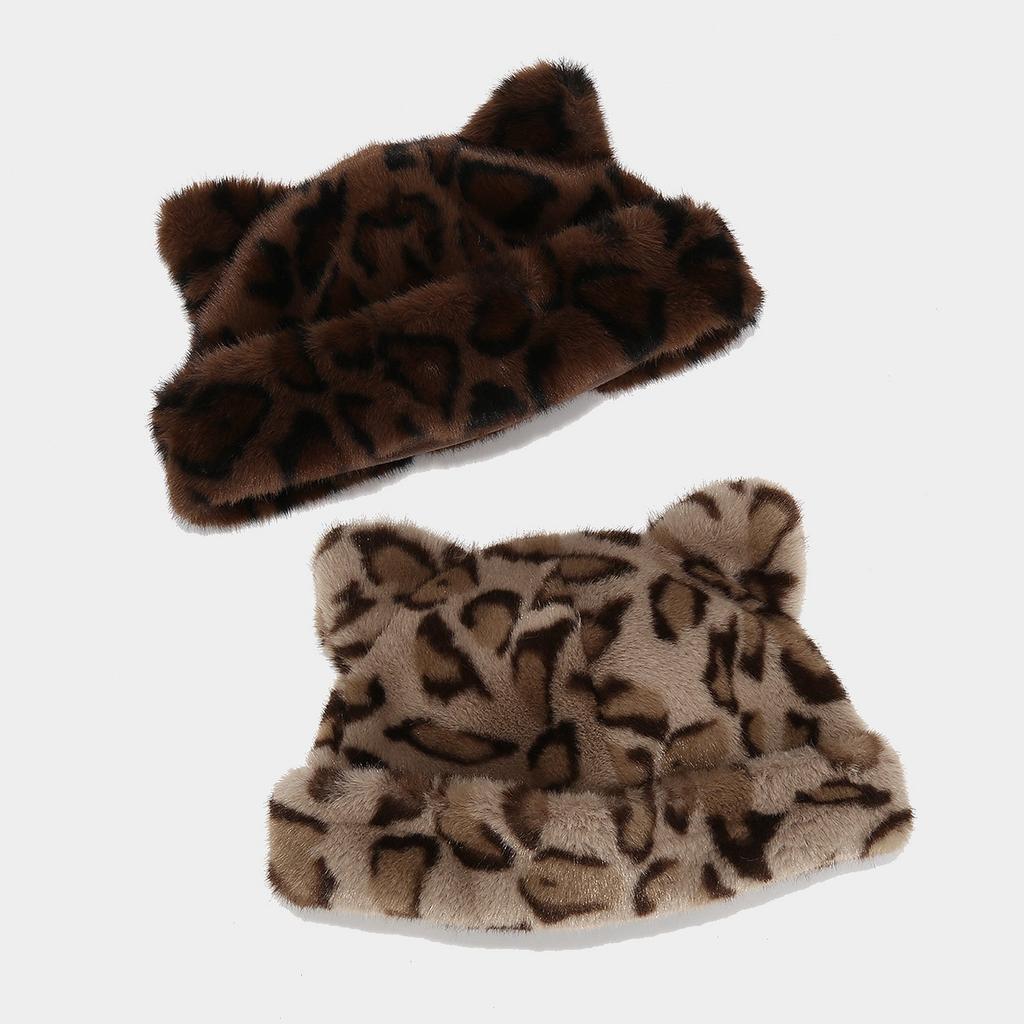 Fox Ears Leopard Print Plush Hat Women's Autumn and Winter Retro Versatile Bald Hat Thickened Cold-proof Warm Pullover Hat