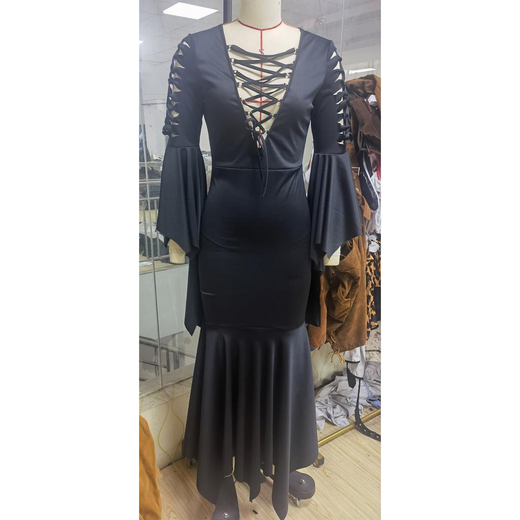 Vampire gothic witch cos costume, strap-on bat black witch dress, halloween costume