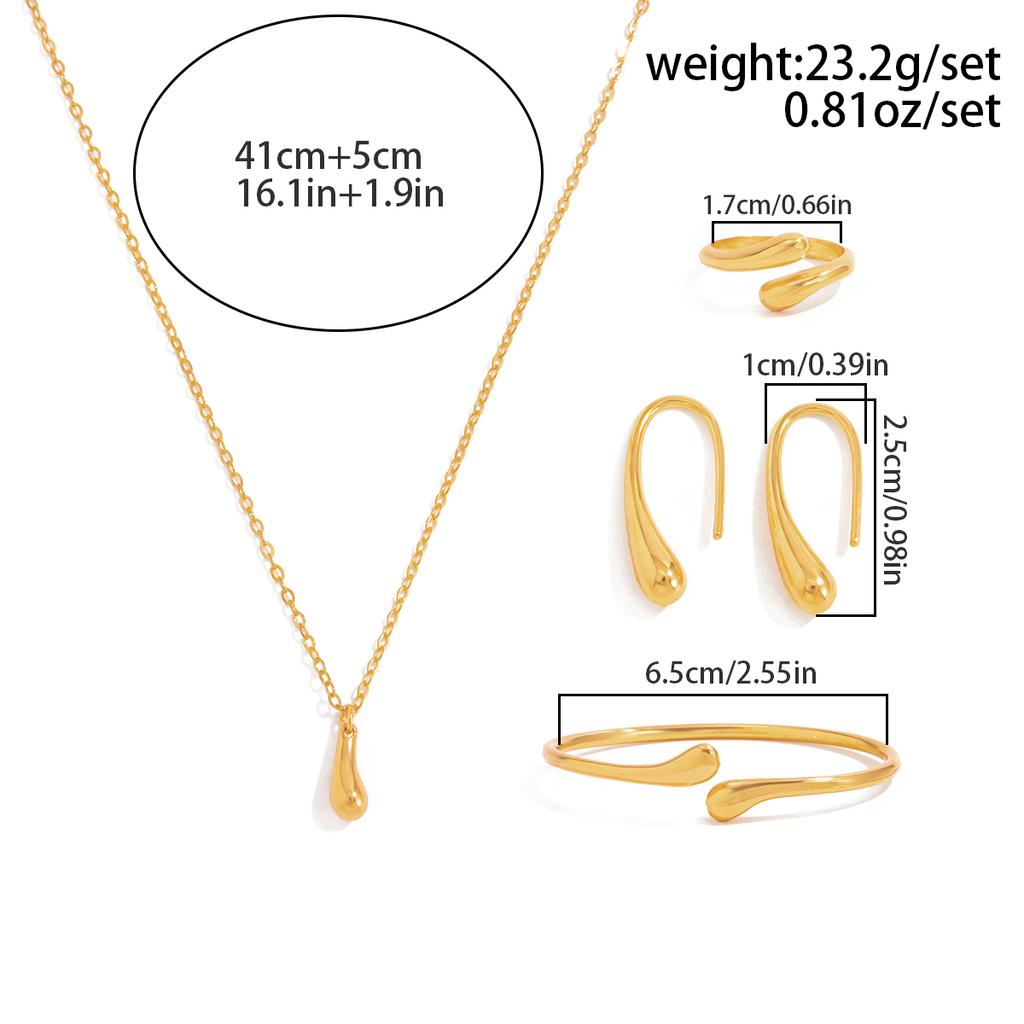 Salircon 4Pcs Trendy Gold Color Water Drop Necklace Earring Ring Bracelet Set Women Luxury Elegant Jewelry Party Wedding Gifts