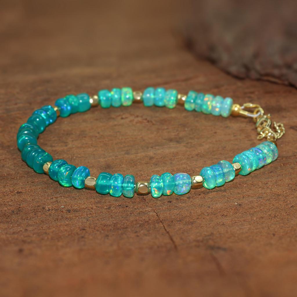 Fire Green Shaded Opal Three Beads Dainty Bracelet, Natural Opal Beaded Bracelet, Opal Birthstone Bracelet, Opal Gold Bracelet, Gift for Mom