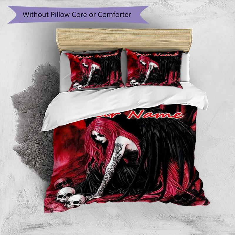 3PC Custom Name Dark Angel Skulls Bedding Set Duvet Cover Closure Includes 1 Duvet Cover & 2 Pillowcases for Bedroom