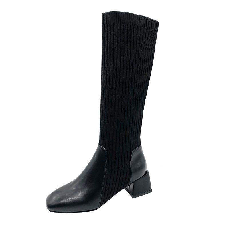 Socks Boots Elastic Thin Boots Soft Leather Retro Women's Spring and Autumn Thick Heel Medium Heel Knitted Thin