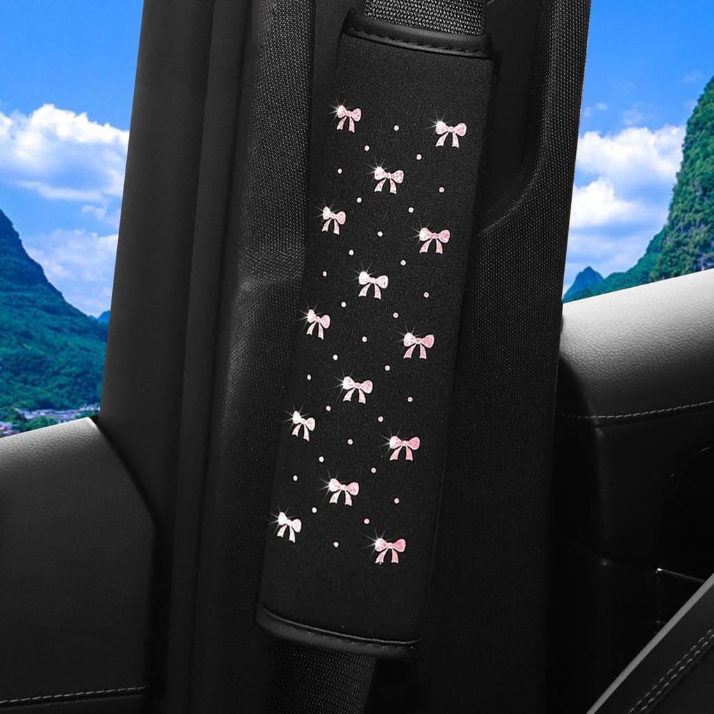 Bling Car Seat Belt Cover, 2PCS Rhinestone Cute Bow Comfort Vehicle Seatbelt Shoulder Pad, Diamond Automotive Interior Harness Neck Cushion Protector