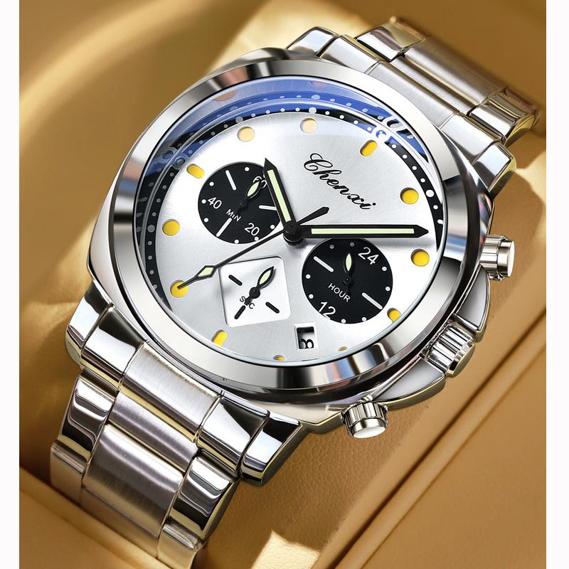 Mens Watch Square Dial Fashion Quartz Wrist Watches Multifunctional Chronograph Waterproof Luminous Gifts Box