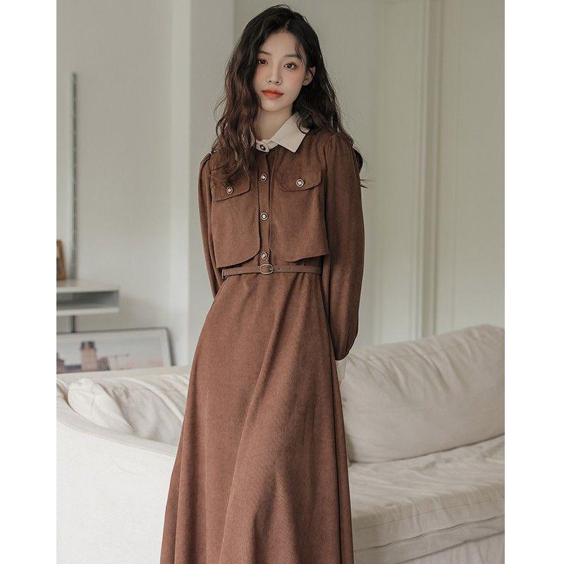 Elegant French Retro Waist-Cinched Corduroy Dress for Women - Slimming, Two-Piece Faux Design for Spring and Autumn