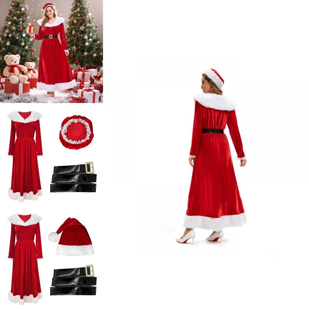 Christmas Party Vintage Velvet Long Dress Set With Hat And Belt For Women