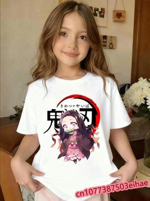 Vintage Demon Slayer Kid Tshirt, Tanjiro Nezuko Inosuke Retro Print Oversized Pure Polyester Short Sleeve Casual Wear