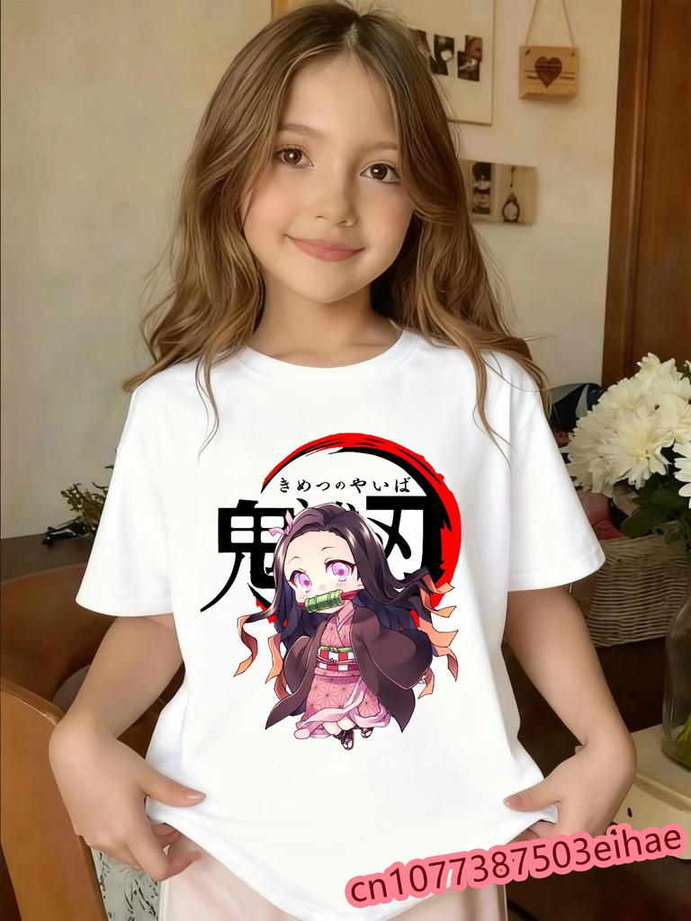 Vintage Demon Slayer Kid Tshirt Tanjiro Nezuko Inosuke Retro Print Oversized Pure Cotton Short Sleeve Casual Wear