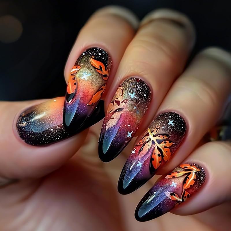 Fall Maple Leaf False Nail Thanksgiving Press On Nails Almond Shaped Medium Autumn Acrylic Artificial Fingernails Full Cover Glossy Thanksgiving