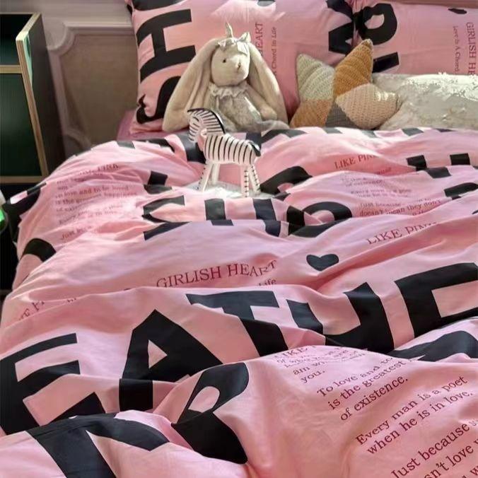 INS Pink Solid Color Bedding Set Girls Boys Single Double Size Flat Sheet Duvet Cover Pillowcase Bed Linens Home Textile