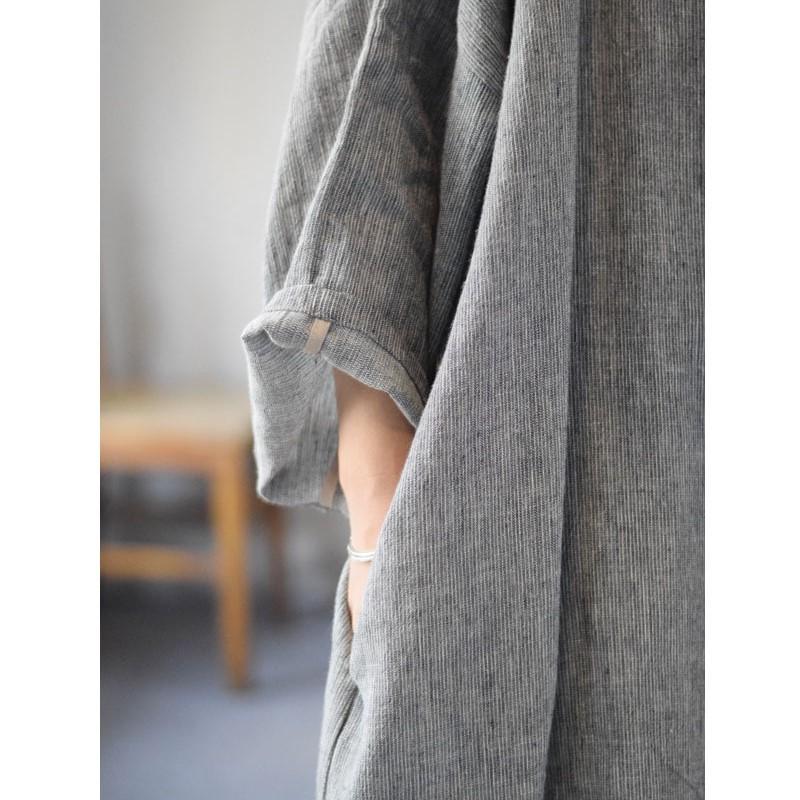 Johnature Frau Frühling Einfarbig Waschen Lange Ärmeln Kleid Chinesischen Stil Vintage V-ausschnitt Kleid