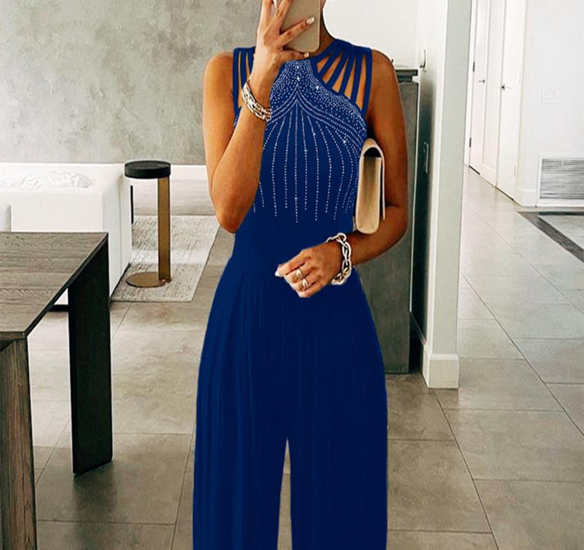 2023 Strass Weitbein-Jumpsuit: Europäischer & Amerikanischer Sommerstil, Taillenbetontes einfarbiges Kleid