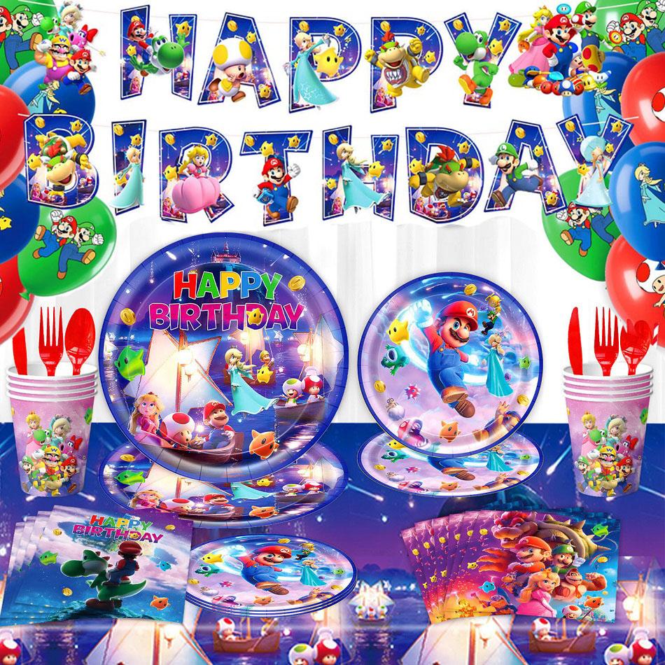 New Mario Galaxy Series Theme Birthday Decoration Party Supplies Tablecloth Props Paper Glasses Cup Kit Disposable Tablewar