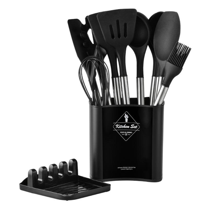 13 PCS Silicone Kitchen Utensil Set Stainless Steel Handle Kitchen Cooking Baking Tools Kitchenware Accessories Storage Bucket