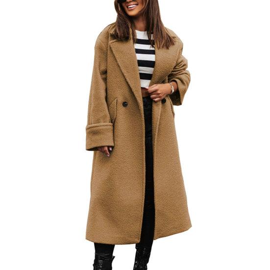Damen Herbst-Wintermantel, Revers, lockerer langer Stil, einfarbig, dicke Strickjacke, warm, winddicht, Taschen, Doppelknöpfe, langärmelig, Damenmantel, Oberbekleidung