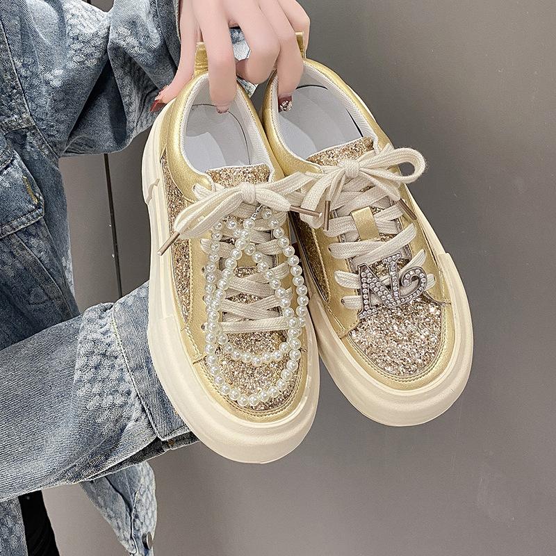 Platform-soled Fashion Board Shoes Women's 2025 New Spring and Autumn Models Versatile Rhinestone Silver Sports and Leisure Shoes Trend