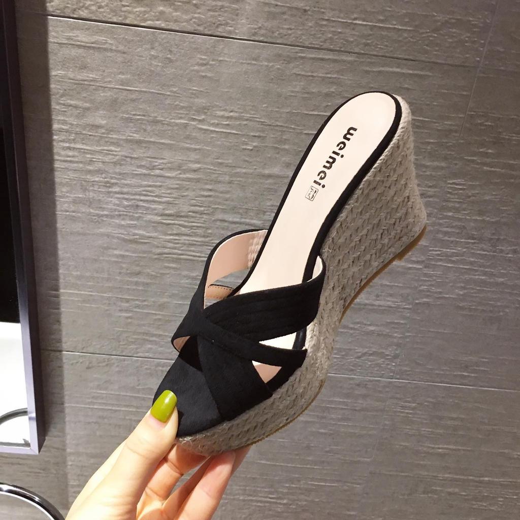 Fashion 10cm Wedge Heel Thick-Soled Fish-Mouth Sandals, High-Heeled Women'S Slippers, Straw Woven Sponge Cake Anti-Slip Beach Shoes