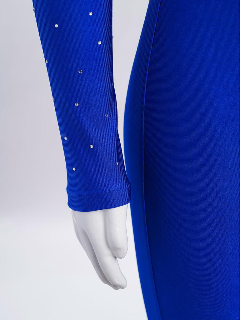 Dívčí lesklý kamínkový celotělový leotard s falešným límcem a dlouhým rukávem, kombinéza s průsvitnou síťovinou a patchworkem, krasobruslařské body