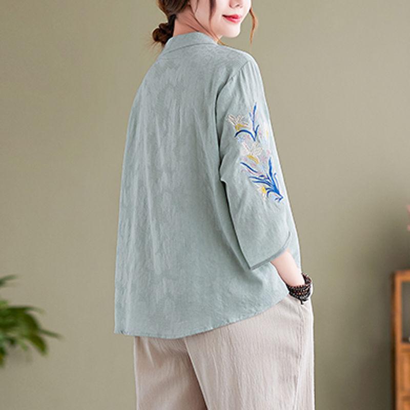 Plus Size Women's Clothing Shirts  Cotton and Linen Top with Printed Sleeve Pattern Summer Thin  Pullover Shirts